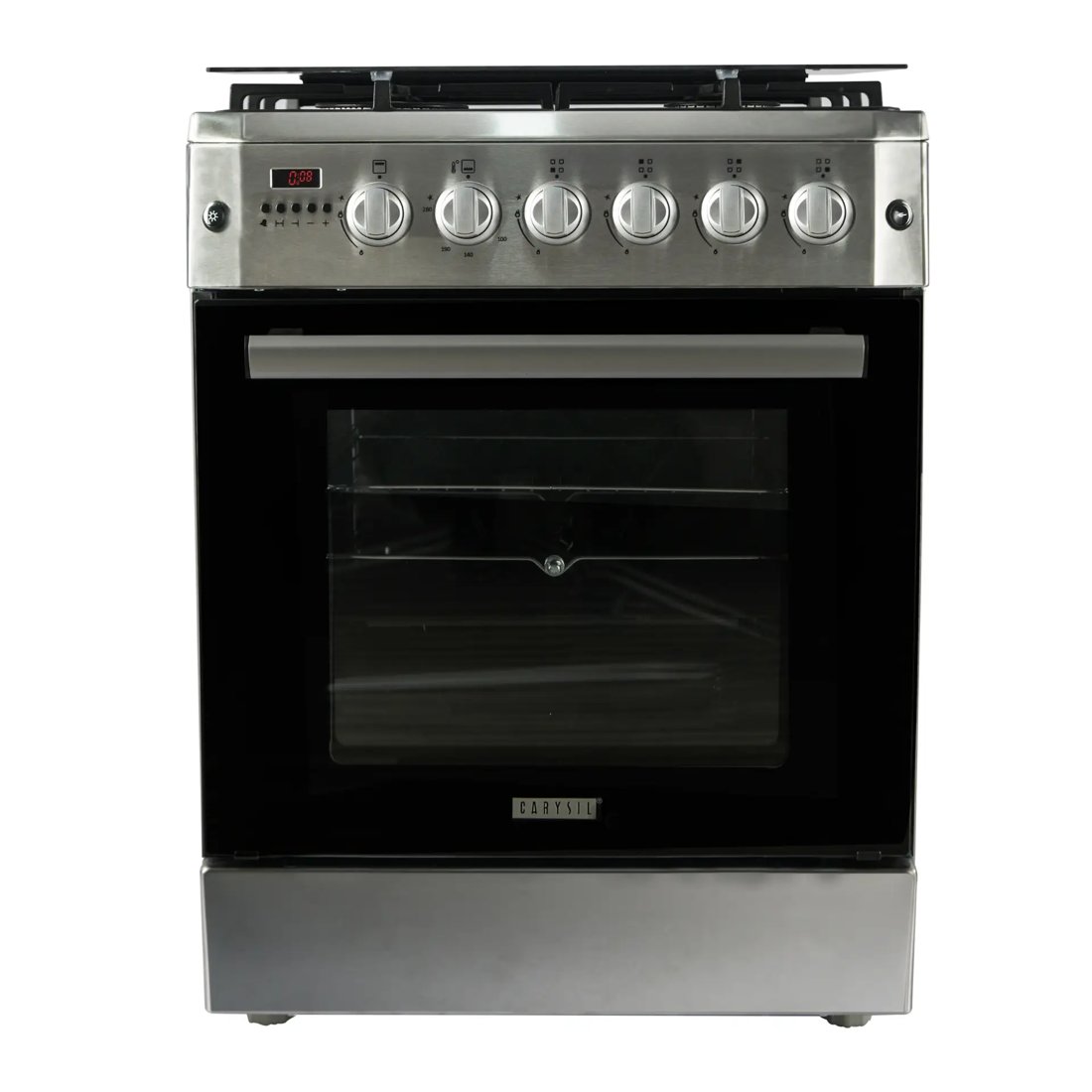 Carysil Free-Standing Cooking Range FSCR-01, 62L Gas Oven, 4 High-Power Italian SABAF Burners, Cast Iron Support, Digital Timer, Cooking, Baking, Grilling & Roasting, Stainless Steel Body, Silver