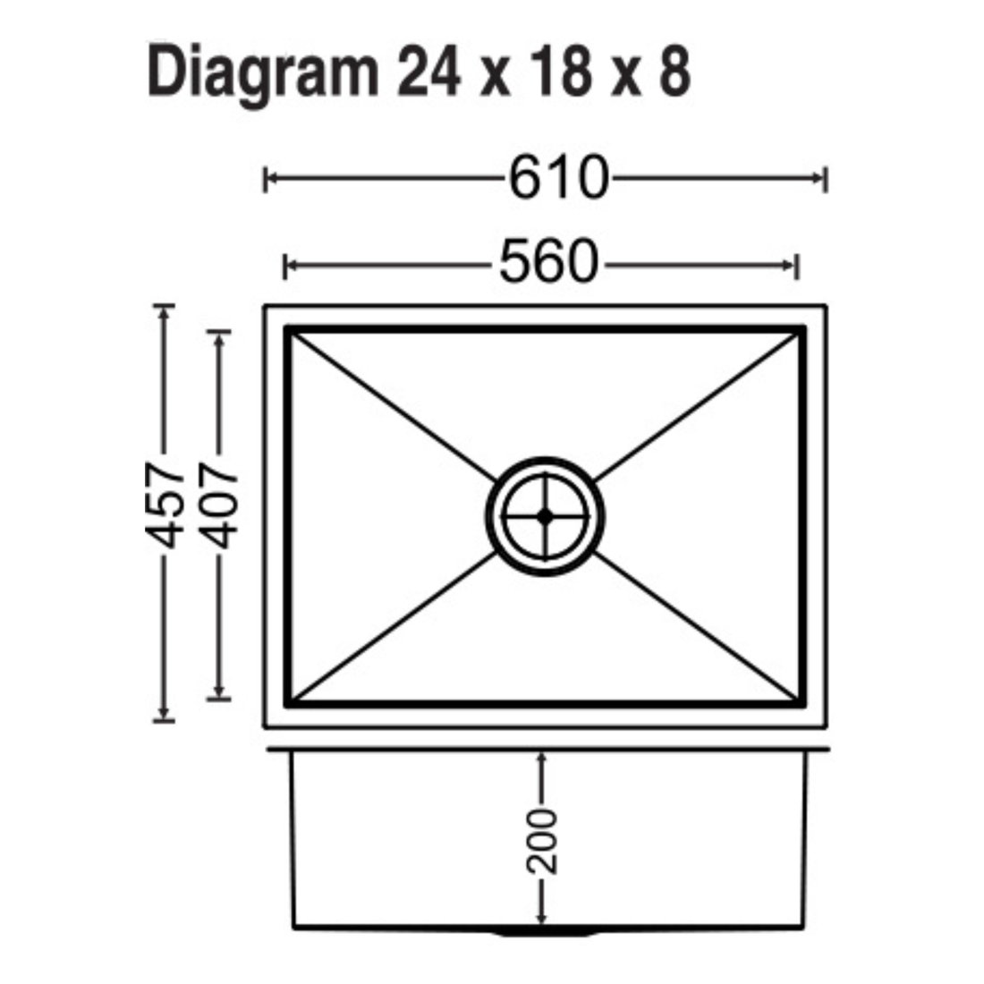 Carysil Quadro Q10 Single Bowl 24x18x8 dimensions