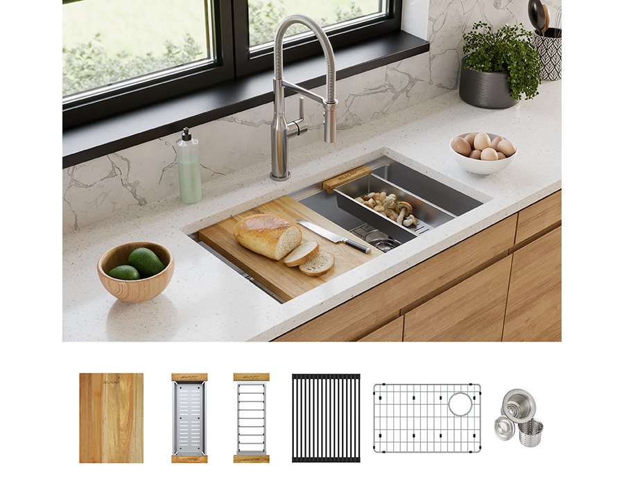 Crosstown® 18 Gauge Workstation Stainless Steel 31-1/2" x 18-1/2" x 9" Equal Double Bowl Sink Kit with Aqua Divide