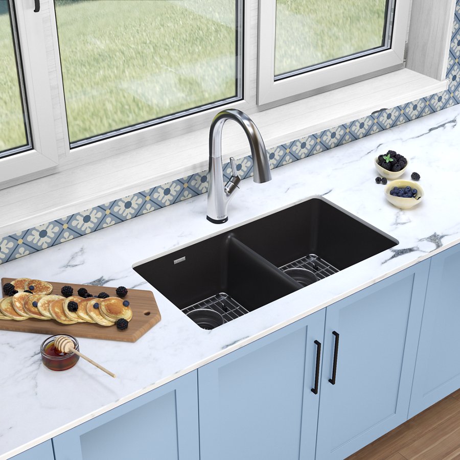 Quartz Classic® 33" x 18-1/2" x 9-1/2" Equal Double Bowl Undermount Sink Kit with Filtered Faucet