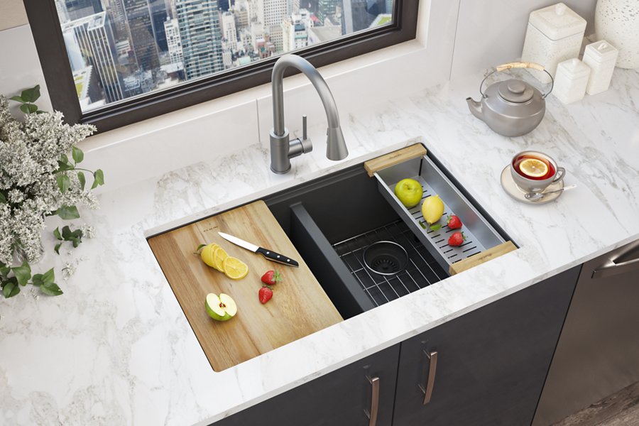 Quartz Classic® 33" x 22" x 9-1/2" Equal Double Bowl Undermount Workstation Sink Kit
