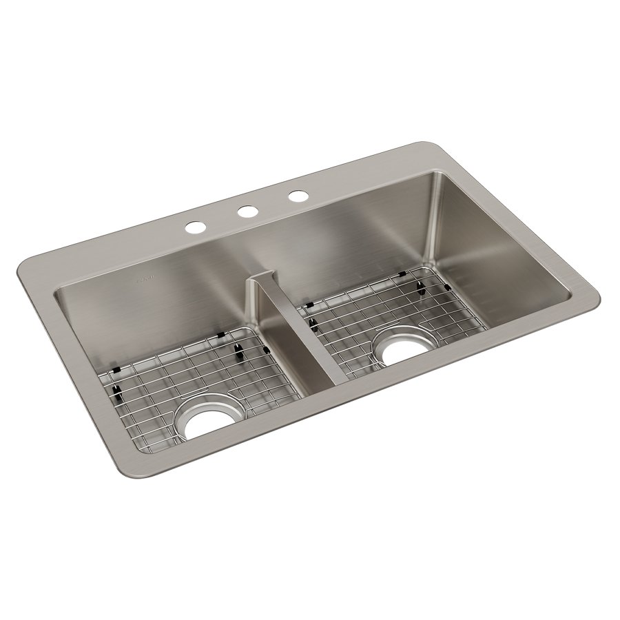 Avenue™ Stainless Steel 33" x 22" x 9" 3-Hole Double Bowl Dual Mount Sink with Aqua Divide