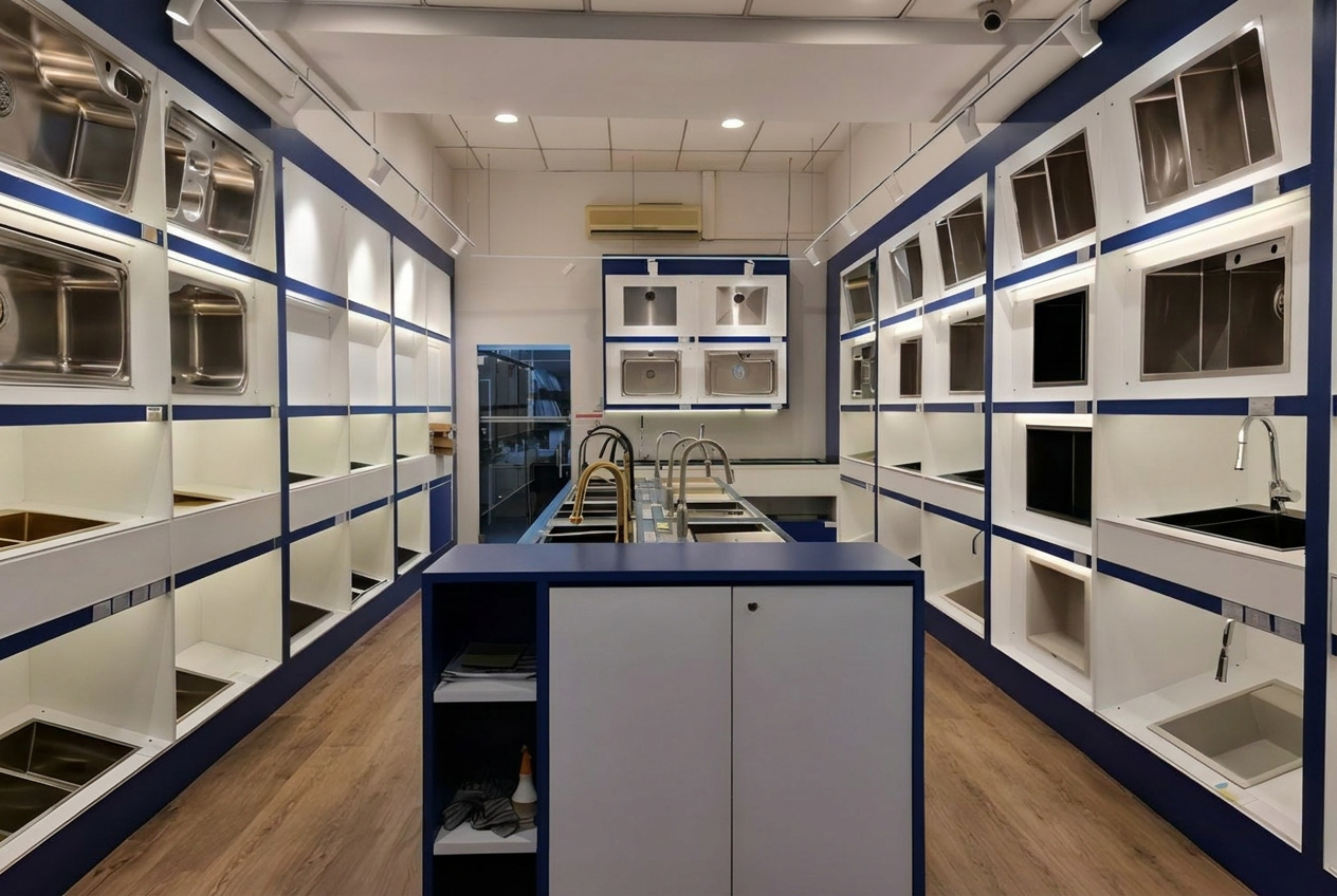 Inside the Hosin Trading showroom, sink display walls