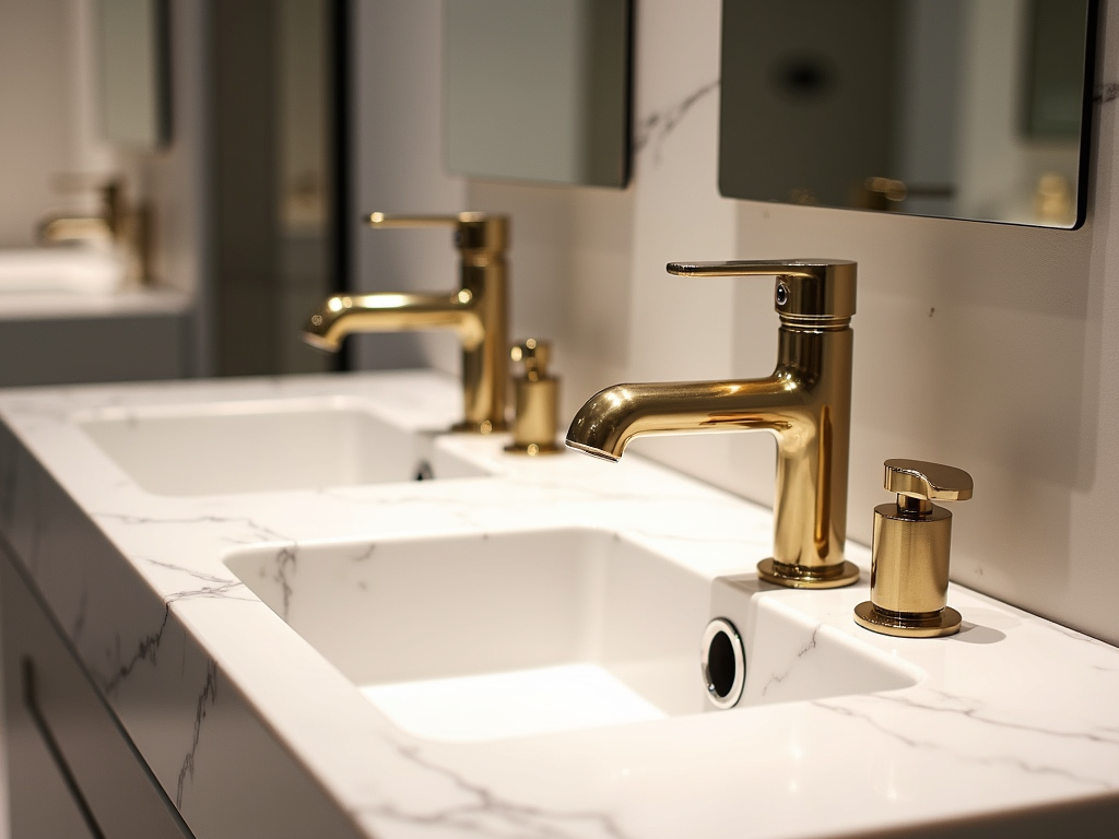 Brass basin mixers on a marble vanity in the showroom