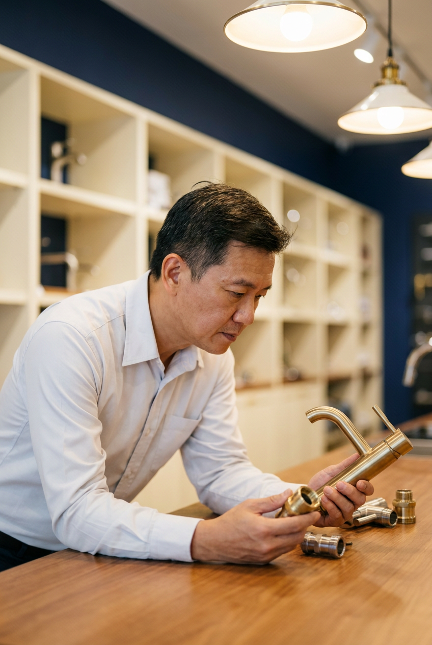 Selecting brass taps at the Hosin Trading showroom counter